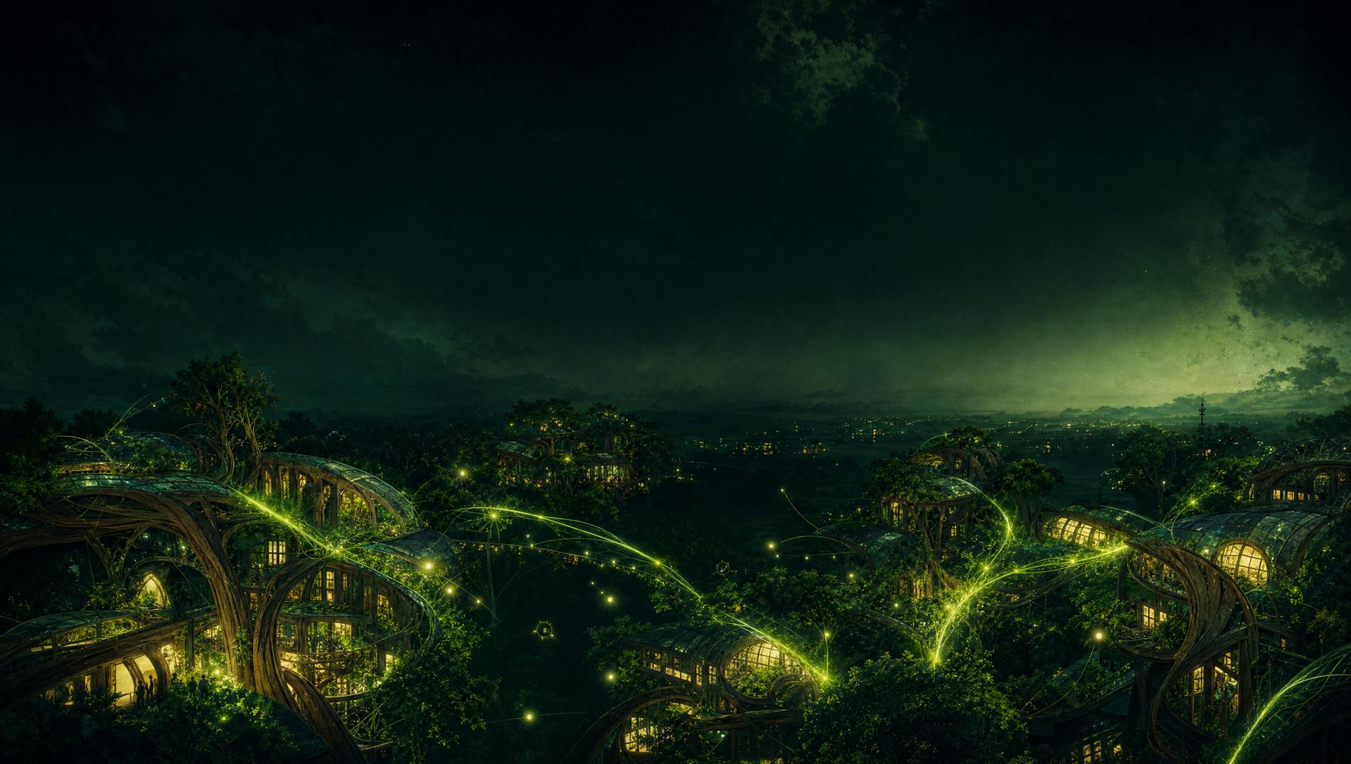 The same city after dark, its network still lit