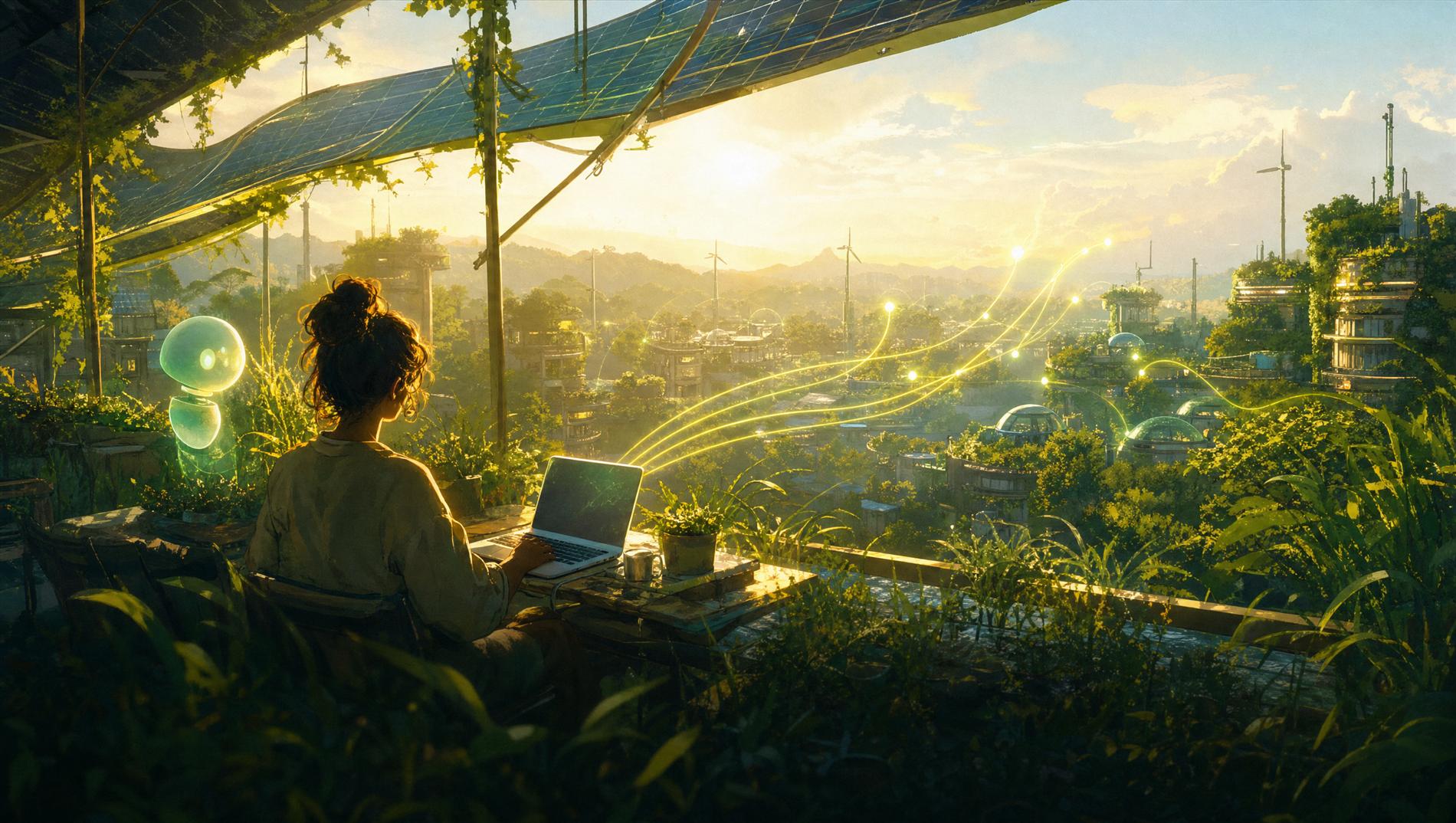 A grower at a laptop on a rooftop garden, threads of light carrying her conversations out across the valley